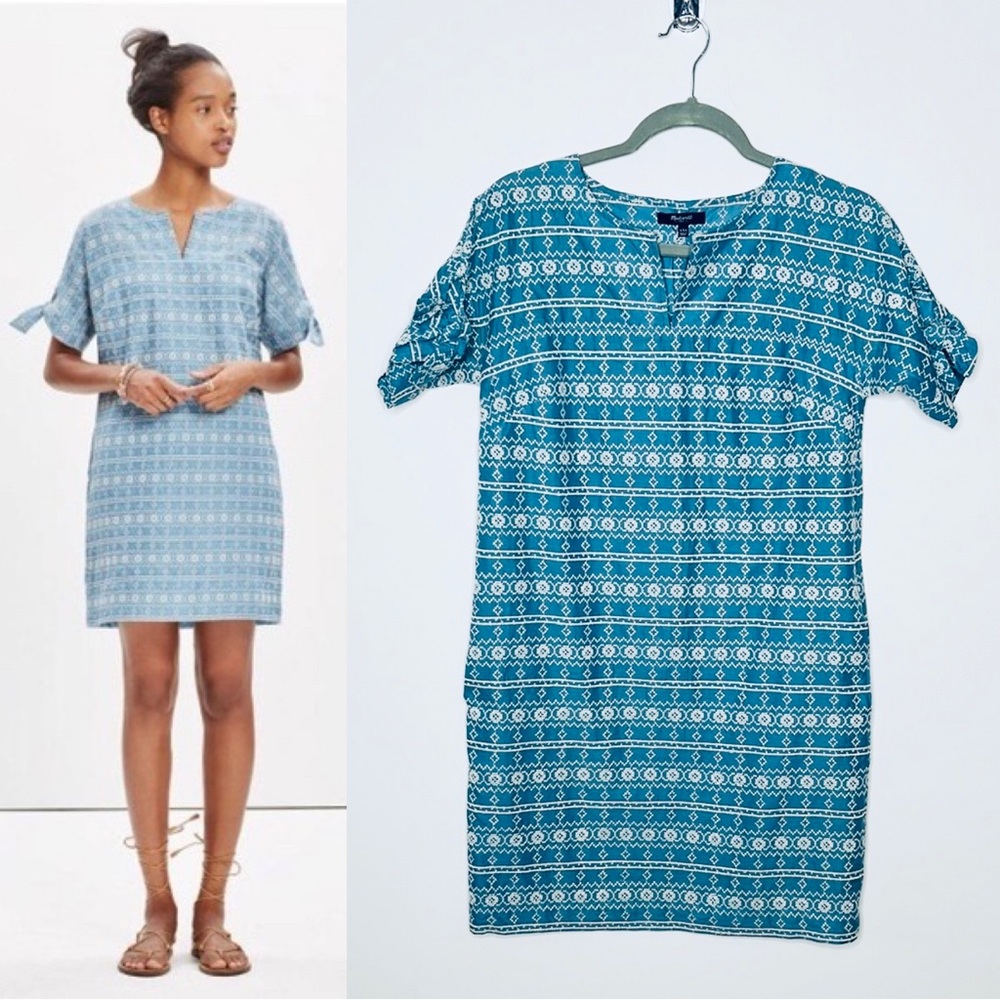 MADEWELL Shift Dress V-Neck Embroidered Pull Over Side‎ Pockets Sz XS